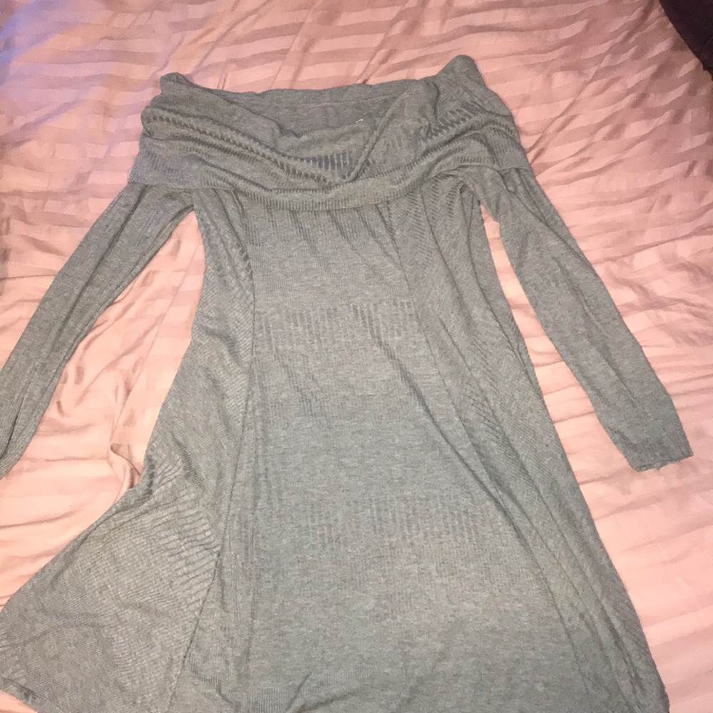 Soft grey off the shoulder dress.